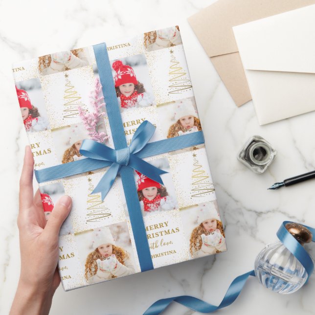 Personalised 2 Photo White Gold Christmas Holiday Wrapping Paper (Gifting)