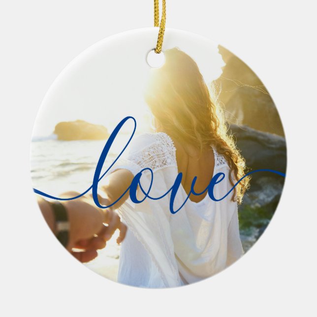 Personalised 2 Photos and Script Text Love Ceramic Tree Decoration (Front)