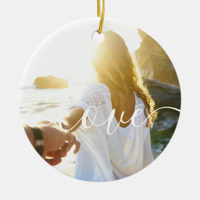 Personalised 2 Photos and Script Text Love Ceramic Tree Decoration (Front)