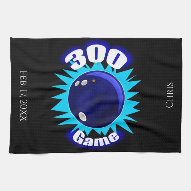 Personalised 300 Game Blues Bowling Towel (Horizontal)