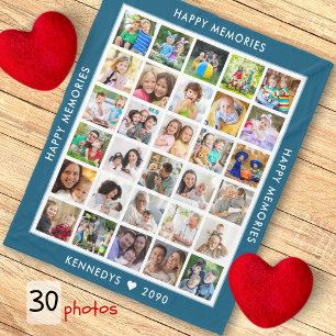 Personalised 30 Photo Collage Family Name Blue Fleece Blanket