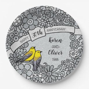 Personalised 30th Anniversary, Floral Birds Paper Plate