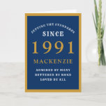 Personalised 30th Birthday 1991 Blue Gold Chic Card<br><div class="desc">30th birthday blue and gold birthday card for those special people born in 1991. Easily customise the text to the front and the interior of this birthday card using the template provided. Part of the setting standards range of greeting cards.</div>