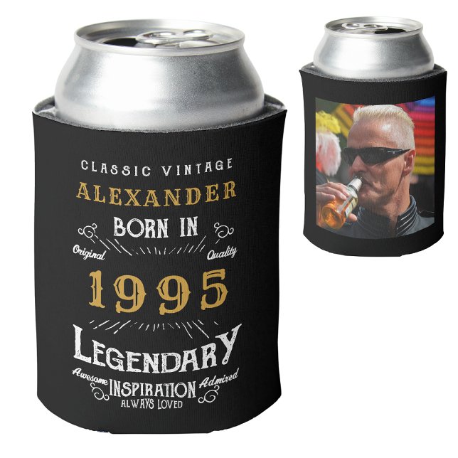 Personalised 30th Birthday Add Name Year Photo Can Cooler (Personalized 30th birthday can cooler with custom name, year and photo template.)