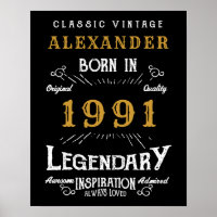 Personalised 30th Birthday Born 1991 Vintage Black