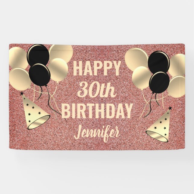 Personalised 30th Birthday Rose Gold Glitter Chic Banner (Horizontal)