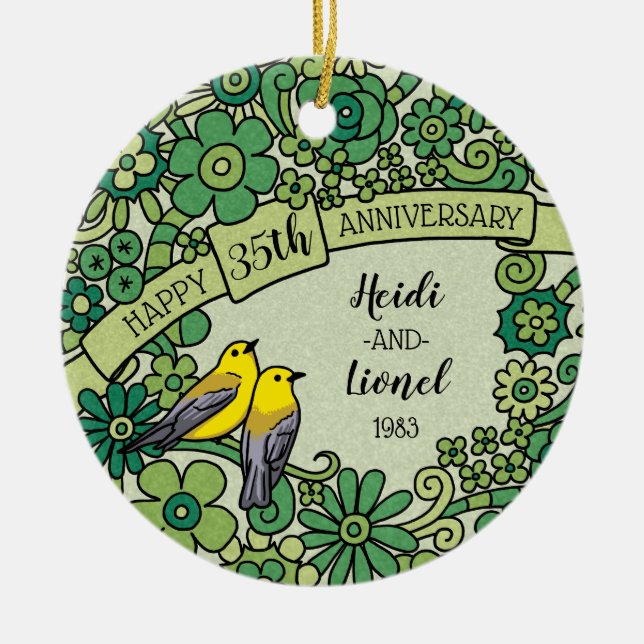 Personalised 35th Anniversary, Jade Floral Birds Ceramic Tree Decoration (Front)