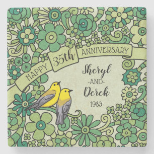 Personalised 35th Anniversary, Jade Floral Birds Stone Coaster