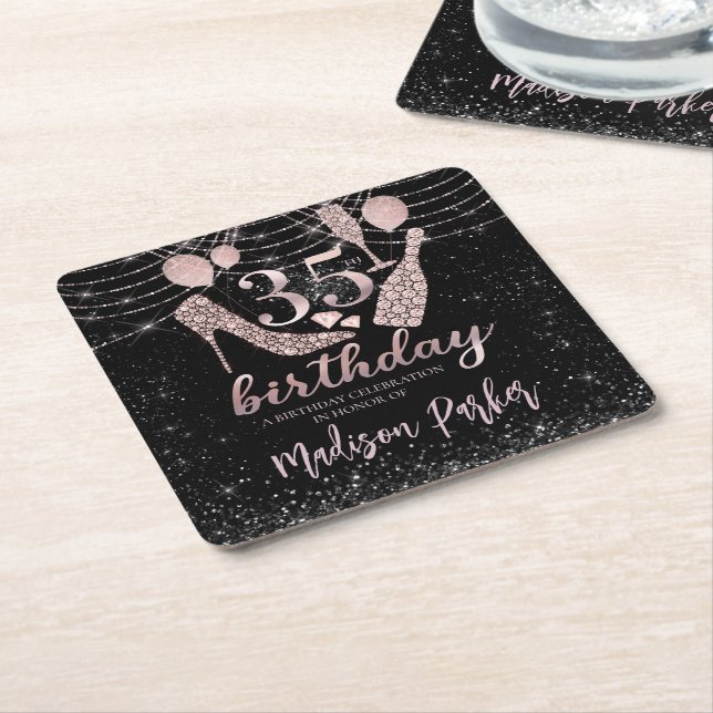 Personalised 35th Birthday Pink Black Glitter Square Paper Coaster (Angled)