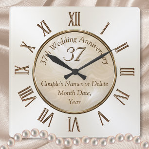 Personalised 37 Year Anniversary Clock, Alabaster Square Wall Clock
