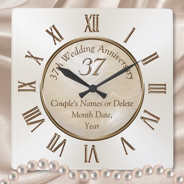 Personalised 37 Year Anniversary Clock, Alabaster Square Wall Clock (37th wedding anniversary gifts. 37 year anniversary gift for wife. 37th anniversary symbol.)