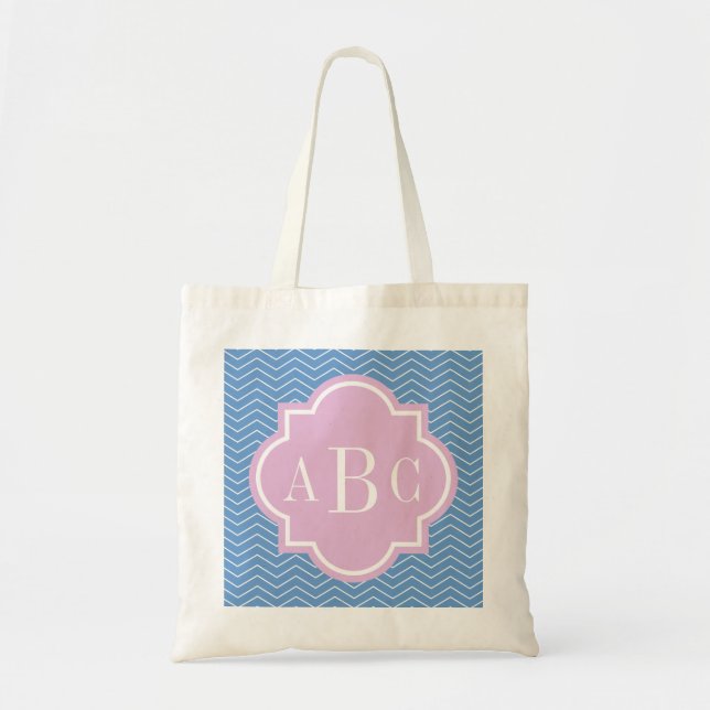 Personalised 3 letter monogram blue pink tote bag (Front)