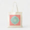 Personalised 3 letter monogram coral teal tote bag