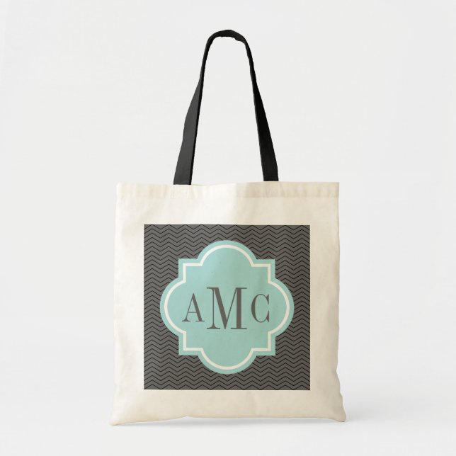Personalised 3 letter monogram grey teal tote bag (Front)