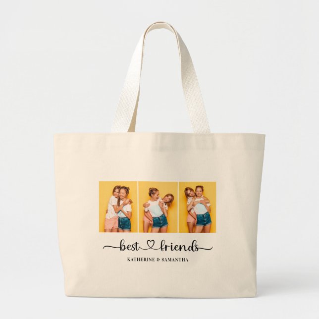 Personalised 3 Photo Collage Best Friends Forever  Large Tote Bag (Front)