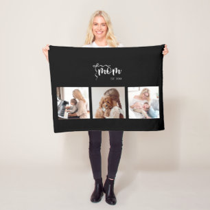 Personalised 3-Photo Collage Black Mum Est Year  Fleece Blanket