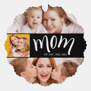 Personalised 3-Photo Collage Black Mum Est Year O Tree Decoration Card