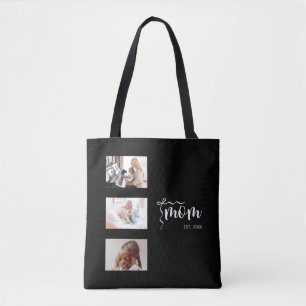 Personalised 3-Photo Collage Black Mum Est Year Tote Bag