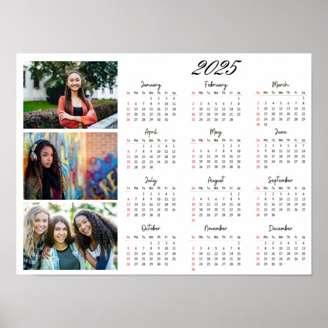 Personalised 3 Photo Collage Family 2025 Calendar Poster