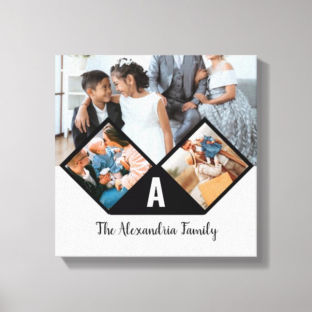 Personalised 3 photo collage family monogram canvas print (Front)