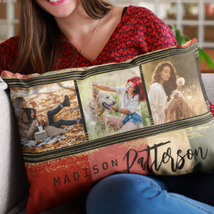 Personalised 3 Photo Collage Rustic Family Name Decorative Cushion