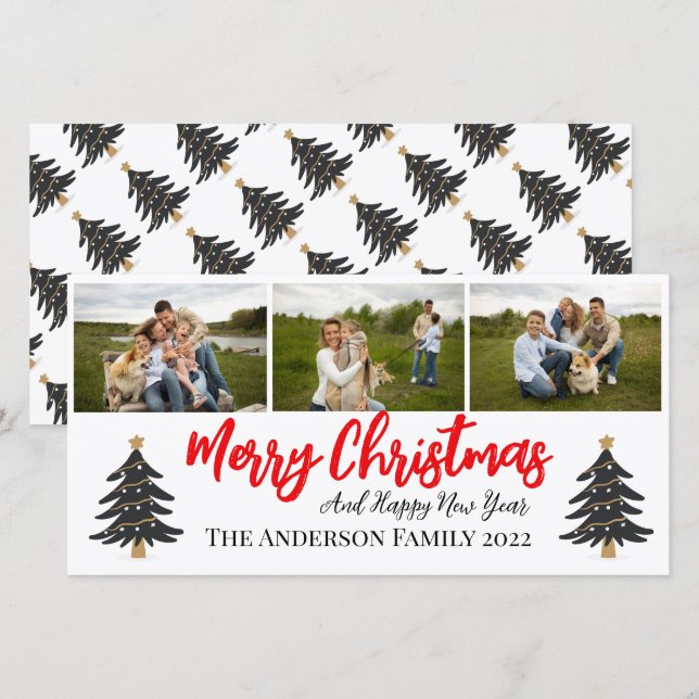 Personalised 3 Photo Collage with Christmas Trees  Holiday Card (Front/Back)