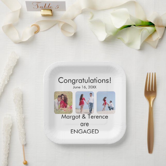 Personalised 3-Photo Engagement Announcement Paper Plate (Wedding)