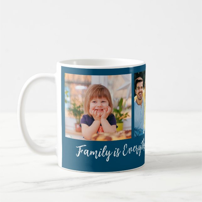 Personalised 3 Photo Family Name Quote Blue Coffee Mug (Left)