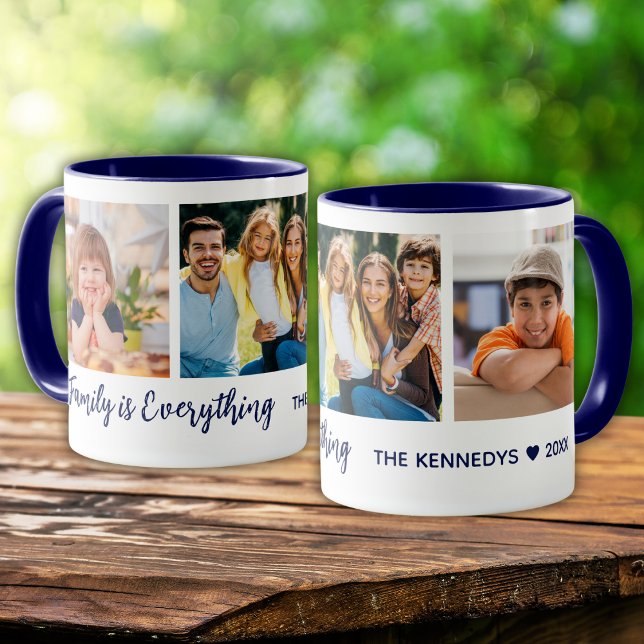 Personalised 3 Photo Family Name Quote Blue Mug (Creator Uploaded)