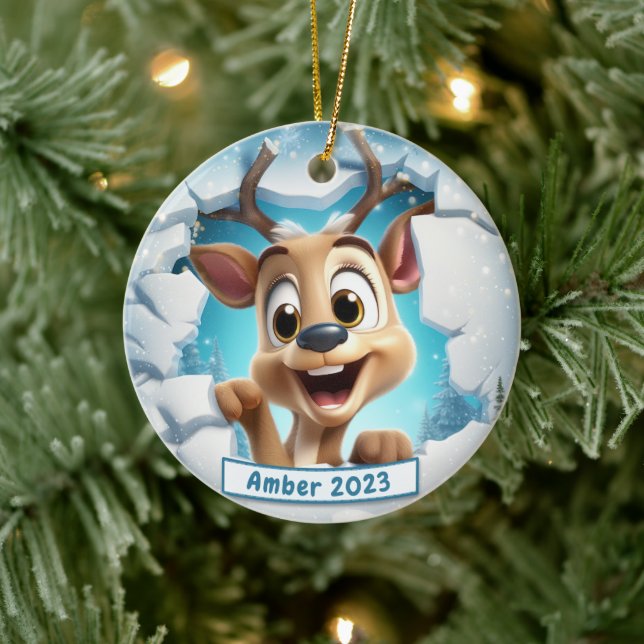 Personalised 3d Breakout Reindeer Christmas Ceramic Tree Decoration (Tree)
