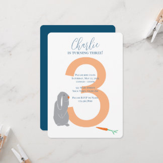Personalised 3rd Birthday Modern Bunny Invitation
