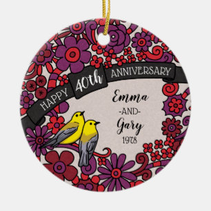 Personalised 40th Anniversary, Ruby Floral Birds Ceramic Tree Decoration