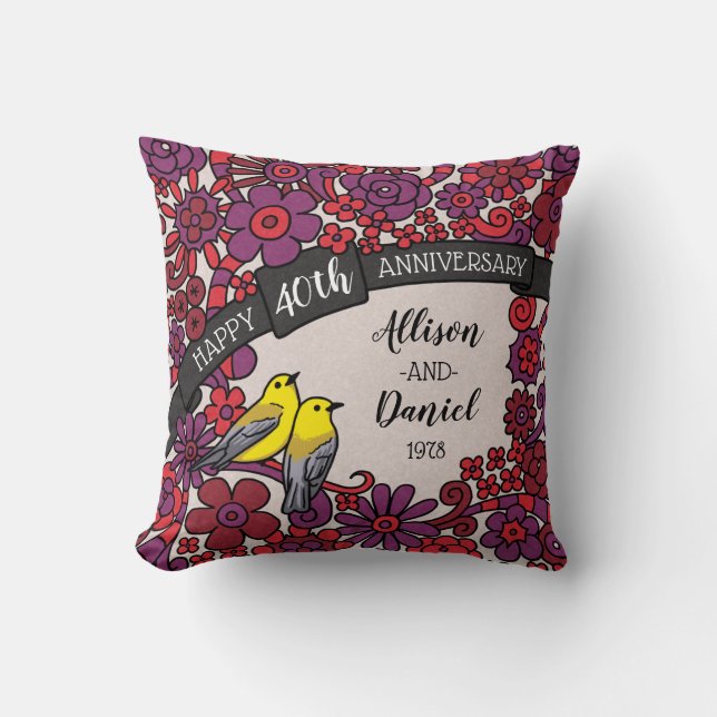 Personalised 40th Anniversary, Ruby Floral Birds Cushion (Front)