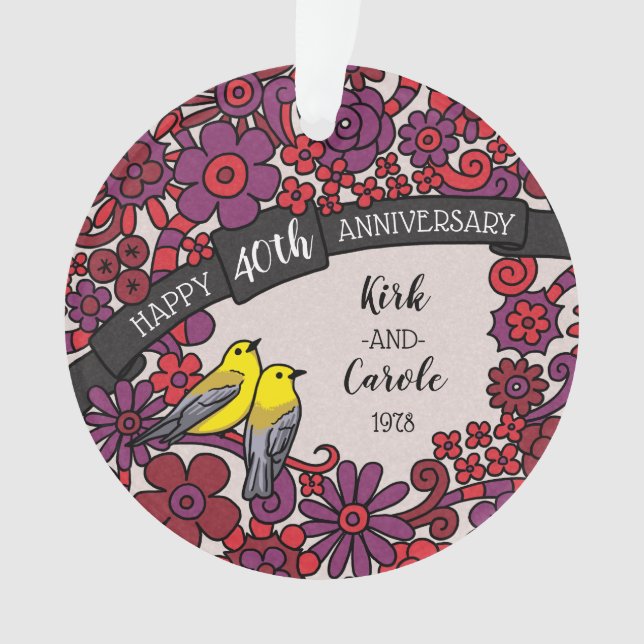 Personalised 40th Anniversary, Ruby Floral Birds Ornament (Front)