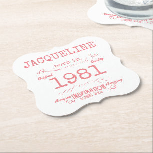 Personalised 40th Birthday 1981 Pink White Elegant Paper Coaster