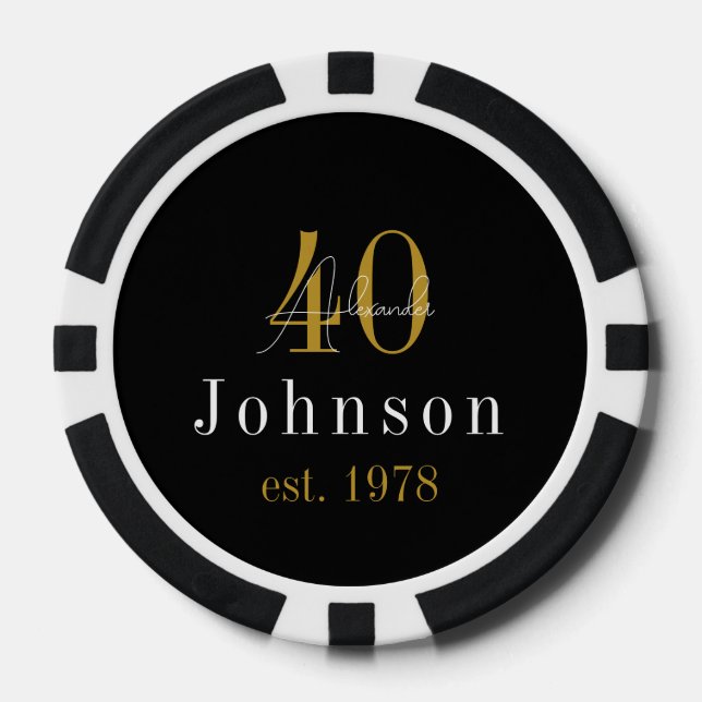 Personalised 40th Birthday Black Gold Poker Chips (Front)