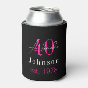 Personalised 40th Birthday Black Hot Pink Can Cooler