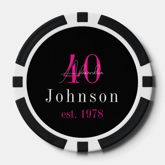 Personalised 40th Birthday Black Hot Pink Poker Chips (Front)