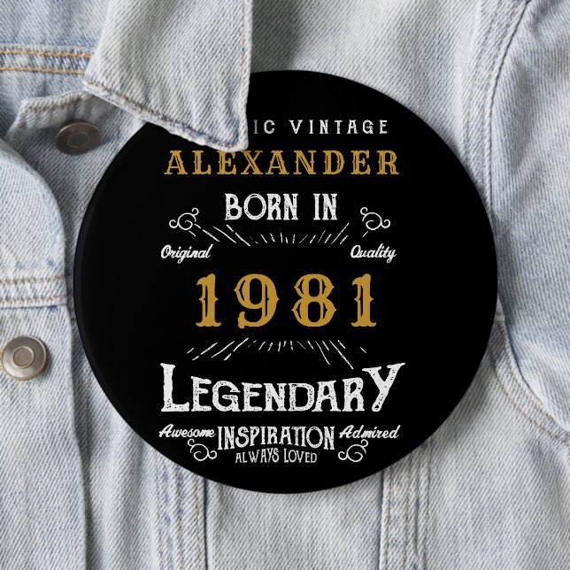 Personalised 40th Birthday Born 1981 Vintage Black 6 Cm Round Badge (In Situ)
