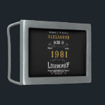 Personalised 40th Birthday Born 1981 Vintage Black Belt Buckle<br><div class="desc">A personalised belt buckle for that birthday persons born in 1981 and turning 40. Add the name to this vintage retro style black, white and gold design for a custom 40th birthday gift. Easily edit the name and year with the template provided. A wonderful custom black birthday gift. More gifts...</div>