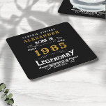 Personalised 40th Birthday Born 1985 Vintage Black Square Paper Coaster<br><div class="desc">A personalised classic paper coaster design for that birthday celebration for somebody born in 1985 and turning 40. Add the name to this vintage retro style black, white and gold design for a custom 40th birthday gift. Easily edit the name and year with the template provided. A wonderful custom black...</div>