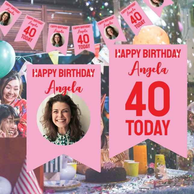 personalised 40th birthday bunting bunting  (custom 40th birthday bunting in pink and red with photo and happy birthday 40 and date)