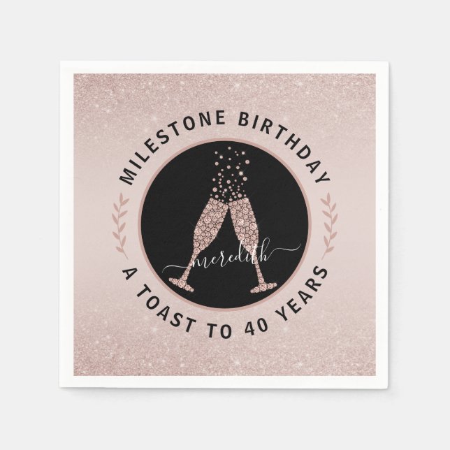 Personalised 40th Birthday Glitter Champagne Toast Napkin (Front)