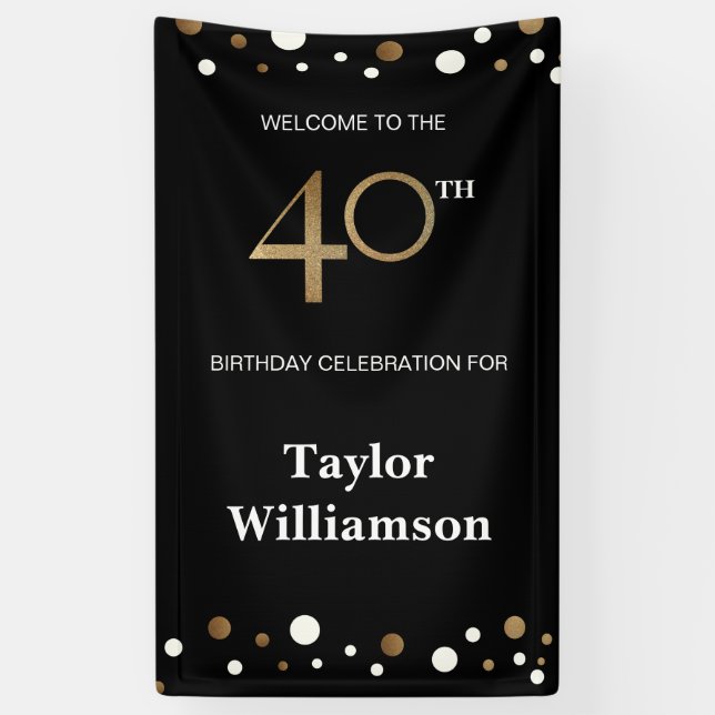 Personalised 40th Birthday Gold and black confetti Banner (Vertical)