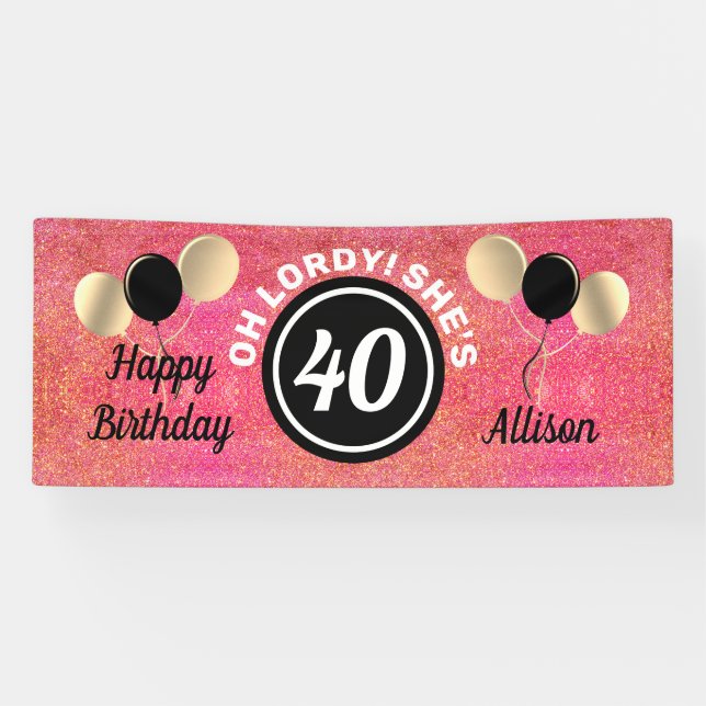  Personalised 40th Birthday Pink Glitter Balloons Banner (Horizontal)