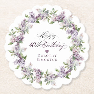 Personalised 40th Birthday Purple Lilac Flower Paper Coaster