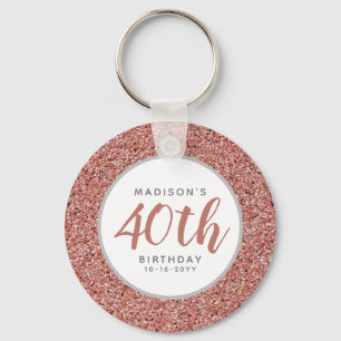 Personalised 40th Birthday Rose Gold Pink Glitter Key Ring