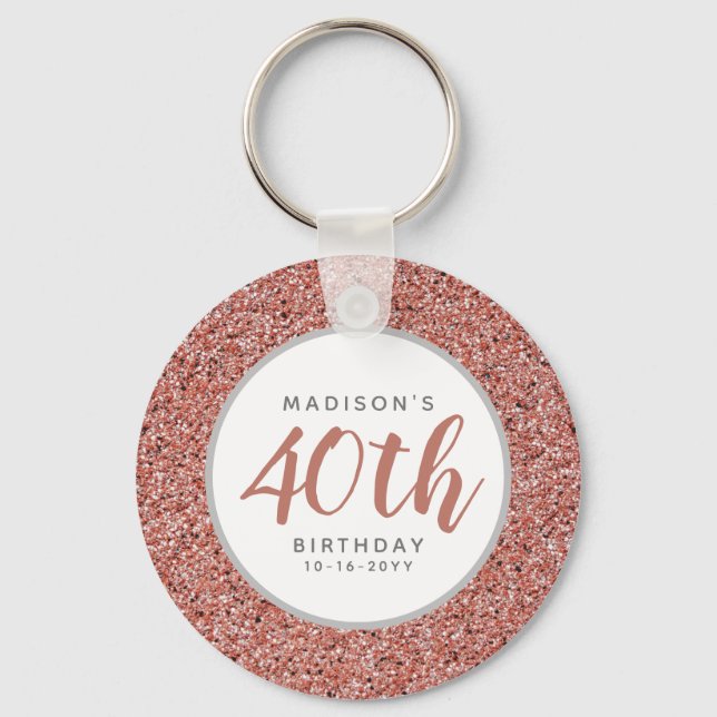 Personalised 40th Birthday Rose Gold Pink Glitter Key Ring (Front)