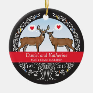Personalised 40th Wedding Anniversary, Buck & Doe Ceramic Tree Decoration