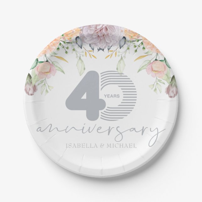 Personalised 40th Wedding Anniversary Floral Paper Plate (Front)